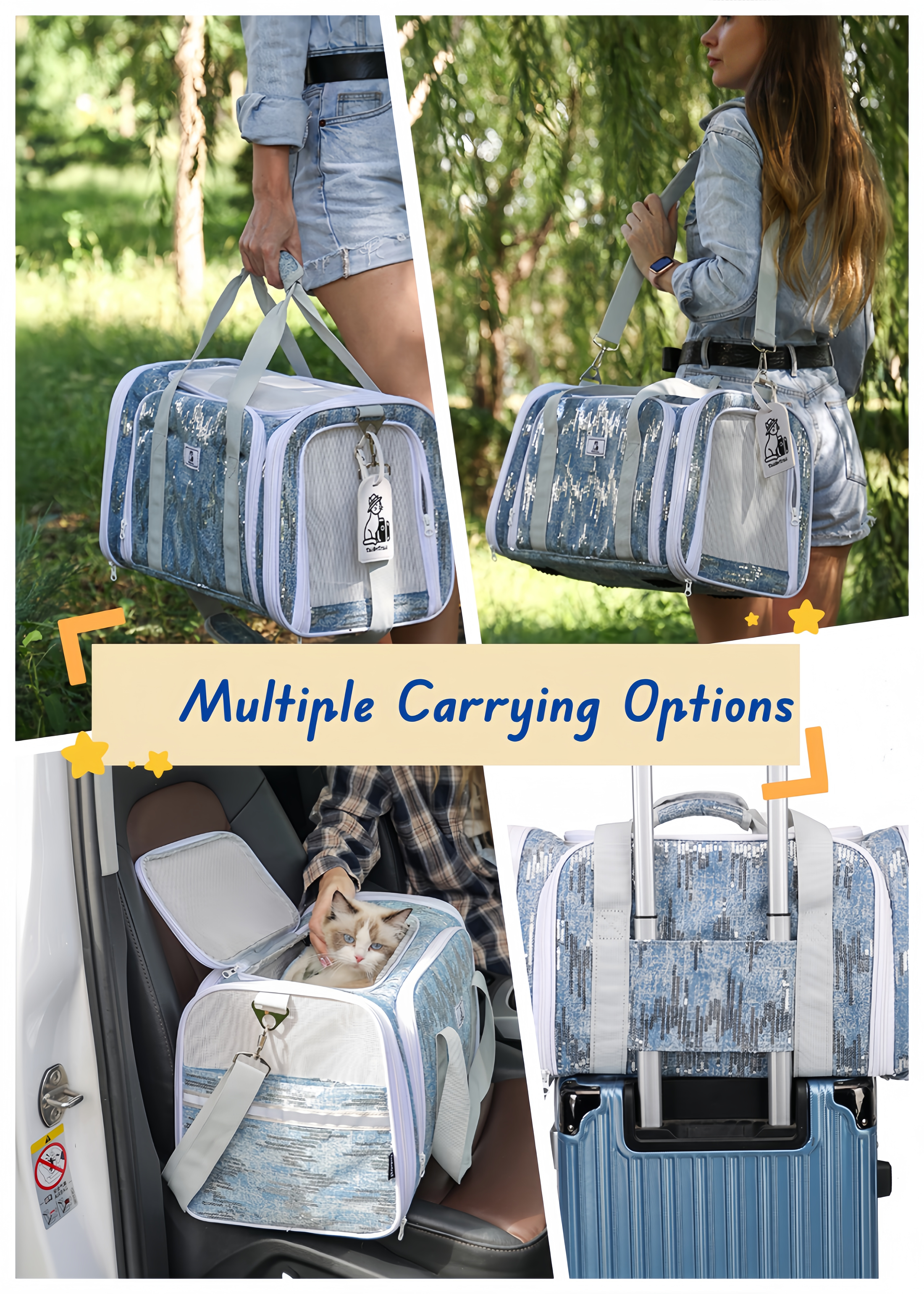 Nova Glitter Denim Double Tent Pet Carrier